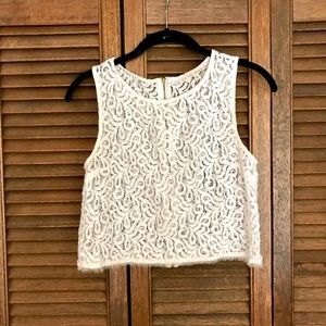 White lace cropped top with gold zipper back